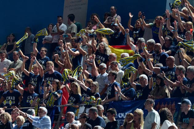 Zodiac CNAB fans celebrate their team winning the European Aquatics Men™s Water polo, Wasserball Champions League gold‘medal match against Pro Recco at the National Pool, Tal‘Qroqq, Malta, on 13 June 2026. Zodiac CNAB v Pro Recco - Men™s Water Polo Men Champions League 2026 Final; EA_CL_2026_MLT