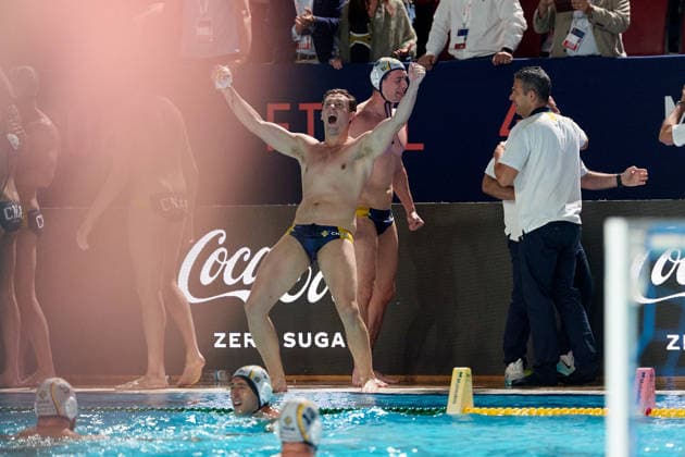 Zodiac CNAB players react in celebration after winning the European Aquatics Men™s Water polo, Wasserball Champions League gold‘medal match against Pro Recco at the National Pool, Tal‘Qroqq, Malta, on 13 June 2026. Zodiac CNAB v Pro Recco - Men™s Water Polo Men Champions League 2026 Final; EA_CL_2026_MLT