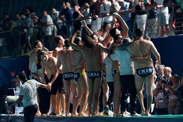 Zodiac CNAB players celebrate after winning the European Aquatics Men™s Water polo, Wasserball Champions League gold‘medal match against Pro Recco at the National Pool, Tal‘Qroqq, Malta, on 13 June 2026. Zodiac CNAB v Pro Recco - Men™s Water Polo Men Champions League 2026 Final; EA_CL_2026_MLT