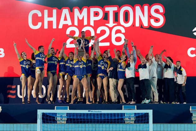 Zodiac CNAB players and staf react in celebration after winning the European Aquatics Men™s Water polo, Wasserball Champions League gold‘medal match against Pro Recco at the National Pool, Tal‘Qroqq, Malta, on 13 June 2026. Zodiac CNAB v Pro Recco - Men™s Water Polo Men Champions League 2026 Final; EA_CL_2026_MLT