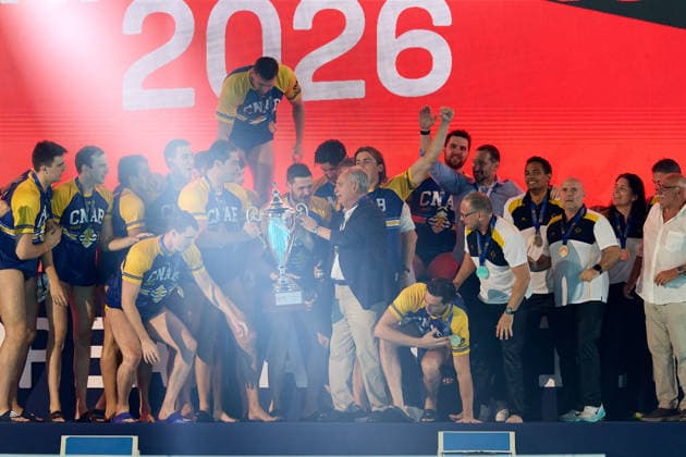 Zodiac CNAB players and staf react in celebration after winning the European Aquatics Men™s Water polo, Wasserball Champions League gold‘medal match against Pro Recco at the National Pool, Tal‘Qroqq, Malta, on 13 June 2026. Zodiac CNAB v Pro Recco - Men™s Water Polo Men Champions League 2026 Final; EA_CL_2026_MLT