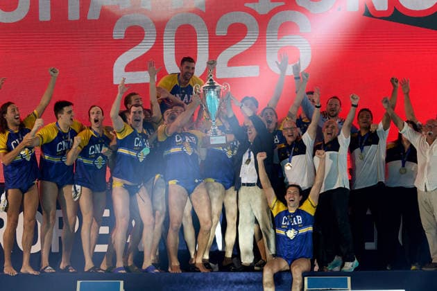 Zodiac CNAB players and staf react in celebration after winning the European Aquatics Men™s Water polo, Wasserball Champions League gold‘medal match against Pro Recco at the National Pool, Tal‘Qroqq, Malta, on 13 June 2026. Zodiac CNAB v Pro Recco - Men™s Water Polo Men Champions League 2026 Final; EA_CL_2026_MLT
