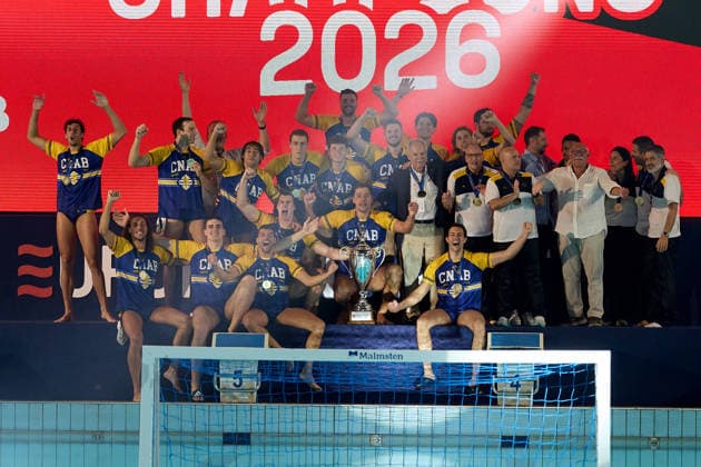Zodiac CNAB players and staf react in celebration after winning the European Aquatics Men™s Water polo, Wasserball Champions League gold‘medal match against Pro Recco at the National Pool, Tal‘Qroqq, Malta, on 13 June 2026. Zodiac CNAB v Pro Recco - Men™s Water Polo Men Champions League 2026 Final; EA_CL_2026_MLT
