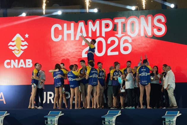 Zodiac CNAB players and staf react in celebration after winning the European Aquatics Men™s Water polo, Wasserball Champions League gold‘medal match against Pro Recco at the National Pool, Tal‘Qroqq, Malta, on 13 June 2026. Zodiac CNAB v Pro Recco - Men™s Water Polo Men Champions League 2026 Final; EA_CL_2026_MLT