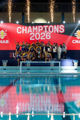 Zodiac CNAB players and staff react in celebration after winning the European Aquatics Men™s Water polo, Wasserball Champions League gold‘medal match against Pro Recco at the National Pool, Tal‘Qroqq, Malta, on 13 June 2026. Zodiac CNAB v Pro Recco - Men™s Water Polo Men Champions League 2026 Final; EA_CL_2026_MLT