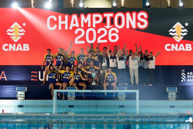 Zodiac CNAB players and staff react in celebration after winning the European Aquatics Men™s Water polo, Wasserball Champions League gold‘medal match against Pro Recco at the National Pool, Tal‘Qroqq, Malta, on 13 June 2026. Zodiac CNAB v Pro Recco - Men™s Water Polo Men Champions League 2026 Final; EA_CL_2026_MLT