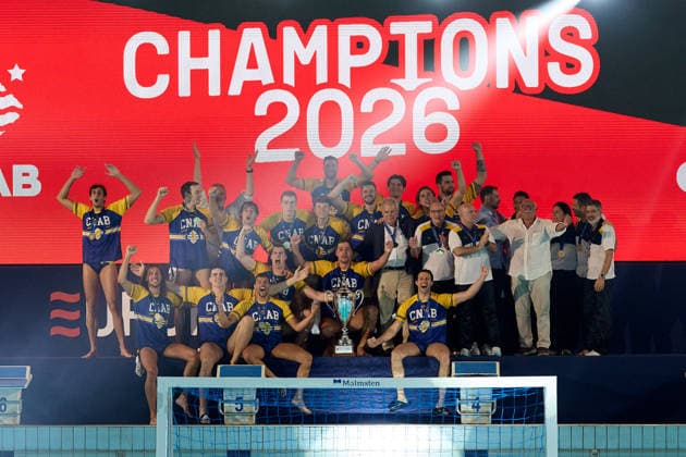 Zodiac CNAB players and staff react in celebration after winning the European Aquatics Men™s Water polo, Wasserball Champions League gold‘medal match against Pro Recco at the National Pool, Tal‘Qroqq, Malta, on 13 June 2026. Zodiac CNAB v Pro Recco - Men™s Water Polo Men Champions League 2026 Final; EA_CL_2026_MLT