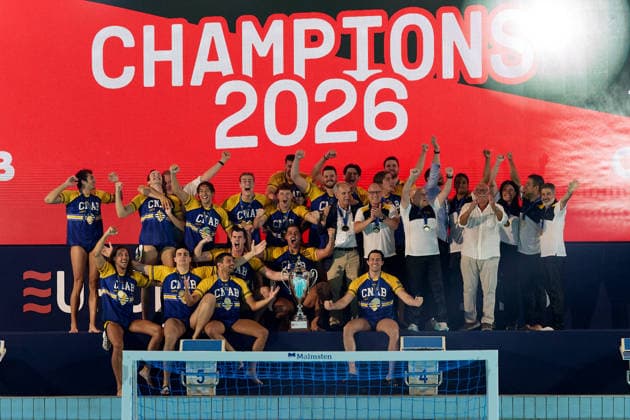 Zodiac CNAB players and staff react in celebration after winning the European Aquatics Men™s Water polo, Wasserball Champions League gold‘medal match against Pro Recco at the National Pool, Tal‘Qroqq, Malta, on 13 June 2026. Zodiac CNAB v Pro Recco - Men™s Water Polo Men Champions League 2026 Final; EA_CL_2026_MLT