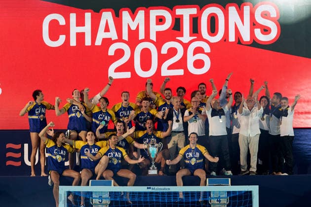 Zodiac CNAB players and staff react in celebration after winning the European Aquatics Men™s Water polo, Wasserball Champions League gold‘medal match against Pro Recco at the National Pool, Tal‘Qroqq, Malta, on 13 June 2026. Zodiac CNAB v Pro Recco - Men™s Water Polo Men Champions League 2026 Final; EA_CL_2026_MLT