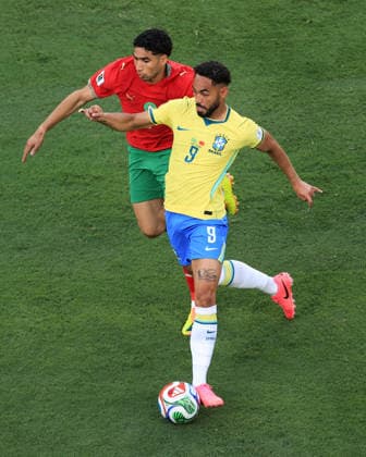 Football - FIFA World Cup, WM, Weltmeisterschaft, Fussball - Group C - Brazil v Morocco 13th June 2026 - FIFA World Cup - Group C - Brazil v Morocco - Matheus Cunha of Brazil and Achraf Hakimi of Morocco - Photo: Simon Stacpoole Offside. New Jersey USA