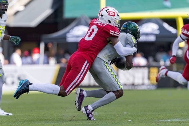 June 13, 2026, Washington, D.C, U.S: Louisville Kings wide receiver Lucky Jackson (0) is tackled by DC Defenders cornerback Gareon Conley (0) during the United Bowl UFL Championship game at Audi Field, Washington, D.C. UFL 2026 - United Bowl -Kings 27:20 Defenders  - ZUMAs304 20260613_zaf_s304_015 Copyright: xScottxStuartx