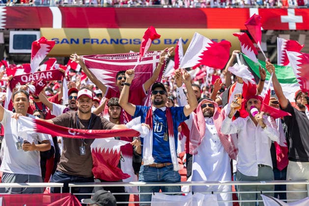 SANTA CLARA, CA - JUNE 13: Qatar fans celebrate their tie during the FIFA World Cup, WM, Weltmeisterschaft, Fussball 2026 Group B match between Qatar and Switzerland on June 13, 2026 at the San Francisco Bay Area Stadium in Santa Clara, CA. (Photo by Bob Kupbens Icon Sportswire) SOCCER: JUN 13 FIFA World Cup 26 Group B - Qatar vs Switzerland EDITORIAL USE ONLY Icon260613070