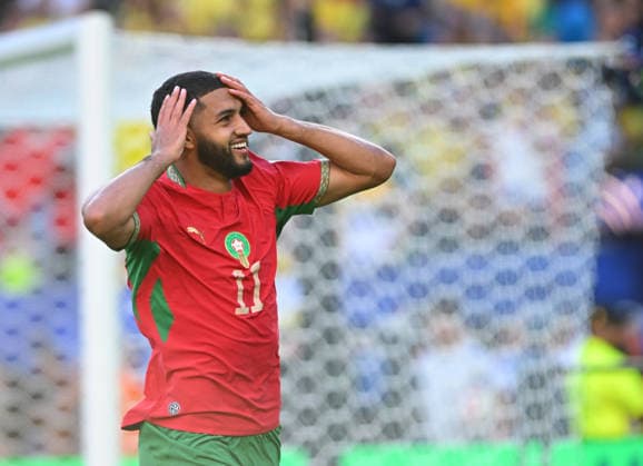 EAST RUTHERFORD, NEW JERSEY - JUNE 13: Ismael Saibari of Morocco celebrates after scoring his teams first goal during the FIFA World Cup, WM, Weltmeisterschaft, Fussball 2026 Group C match between Brazil and Morocco at New York New Jersey Stadium on June 13, 2026 in East Rutherford, New Jersey.  Copyright: xMBxMediax