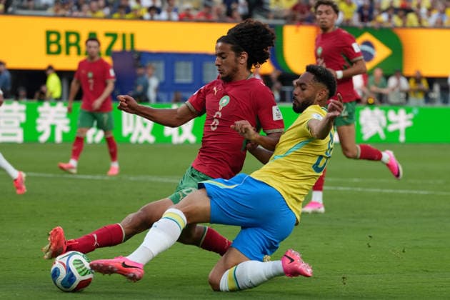 Matheus Cunha (R) of Brazil vies for the ball with Ayyoub Bouaddi of Morocco during a Group C match of the 2026 FIFA World Cup, WM, Weltmeisterschaft, Fussball between Brazil and Morocco at MetLife Stadium in New Jersey, USA, 13 June 2026. FIFA World Cup 2026 - Group C - Brazil vs Morocco !ACHTUNG: NUR REDAKTIONELLE NUTZUNG!  Copyright: xAngelxColmenaresx GR7113 20260614-55020589651_1