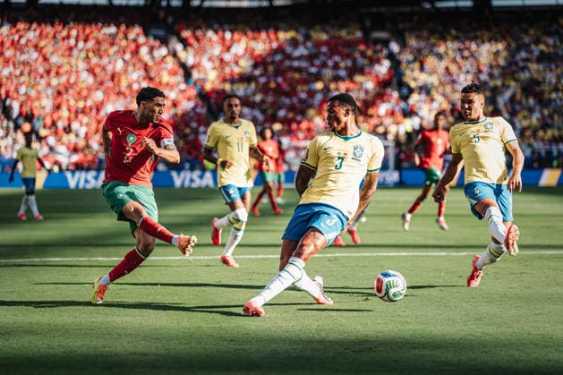 Fußball Herren FIFA Fußball-Weltmeisterschaft 2026 Gruppe C Brasilien vs. Marokko 13.06.2026 Torschuss von Achraf Hakimi ( 2, Marokko) East Rutherford New York New Jersey Stadion New Jersey United States of America