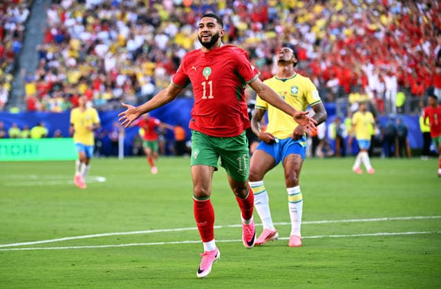 Fussball, Länderspiel, Herren, FIFA World Cup, WM, Weltmeisterschaft, Fussball 2026, Fussball-Weltmeisterschaft, USA, Gruppe C, MetLife Stadium New Jersey: Brasilien - Marokko; Jubel Faycal Fajr (MOR) nach seinem Tor zum 0:1. Jubel, Freude, Aktion.