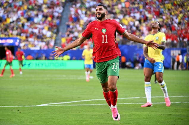 Fussball, Länderspiel, Herren, FIFA World Cup, WM, Weltmeisterschaft, Fussball 2026, Fussball-Weltmeisterschaft, USA, Gruppe C, MetLife Stadium New Jersey: Brasilien - Marokko; Jubel Faycal Fajr (MOR) nach seinem Tor zum 0:1. Jubel, Freude, Aktion.