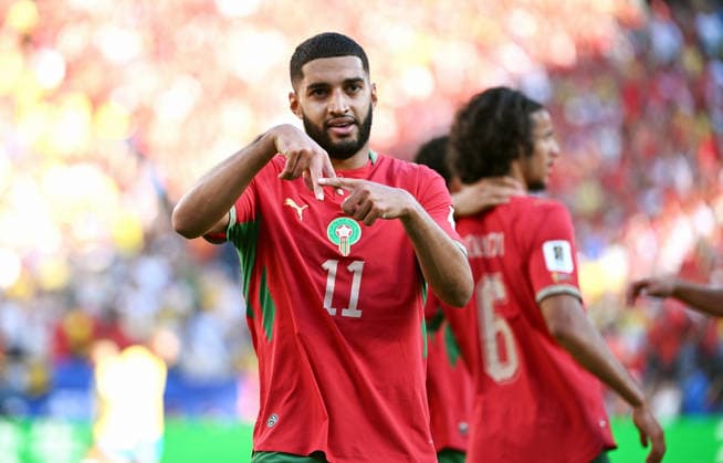 Fussball, Länderspiel, Herren, FIFA World Cup, WM, Weltmeisterschaft, Fussball 2026, Fussball-Weltmeisterschaft, USA, Gruppe C, MetLife Stadium New Jersey: Brasilien - Marokko; Jubel Faycal Fajr (MOR) nach seinem Tor zum 0:1. Jubel, Freude, Aktion.