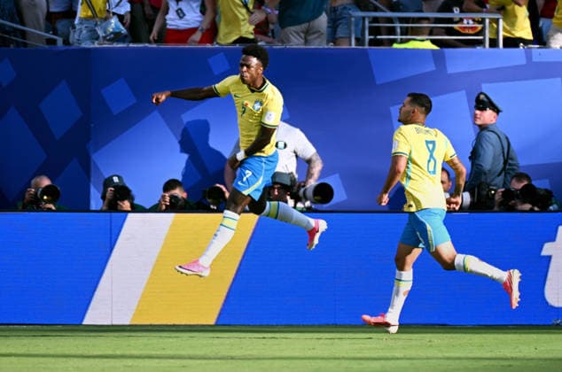 Fussball, Länderspiel, Herren, FIFA World Cup, WM, Weltmeisterschaft, Fussball 2026, Fussball-Weltmeisterschaft, USA, Gruppe C, MetLife Stadium New Jersey: Brasilien - Marokko; Jubel Vinicius Junior (BRA) nach seinem Tor zum 1:1. Jubel, Freude, Aktion.