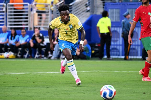 Fussball, Länderspiel, Herren, FIFA World Cup, WM, Weltmeisterschaft, Fussball 2026, Fussball-Weltmeisterschaft, USA, Gruppe C, MetLife Stadium New Jersey: Brasilien - Marokko 1:1; Vinicius Junior (BRA). Aktion, Einzelbild.