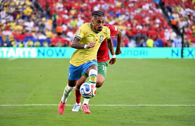 Fussball, Länderspiel, Herren, FIFA World Cup, WM, Weltmeisterschaft, Fussball 2026, Fussball-Weltmeisterschaft, USA, Gruppe C, MetLife Stadium New Jersey: Brasilien - Marokko 1:1; Raphinha (BRA), Amine Harit (MOR). Aktion