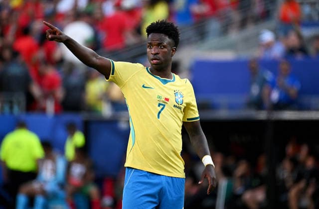 Fussball, Länderspiel, Herren, FIFA World Cup, WM, Weltmeisterschaft, Fussball 2026, Fussball-Weltmeisterschaft, USA, Gruppe C, MetLife Stadium New Jersey: Brasilien - Marokko 1:1; Vinicius Junior (BRA). Aktion, Einzelbild.