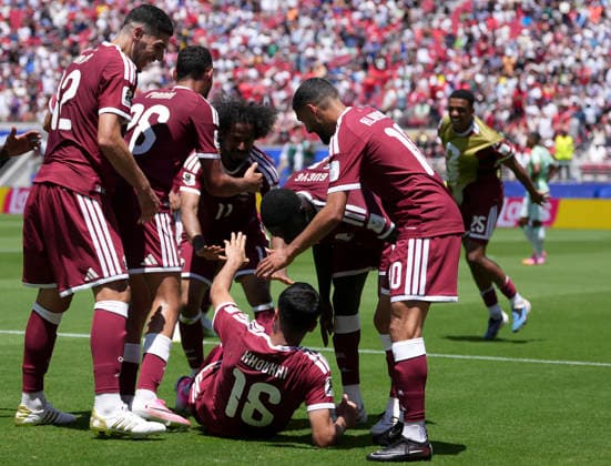 (260614) -- SAN FRANCISCO, June 14, 2026 -- Players of Qatar celebrates the goal of Boualem Khoukhi (bottom) during the group B match between Qatar and Switzerland at the 2026 FIFA World Cup, WM, Weltmeisterschaft, Fussball at San Francisco Bay Area Stadium in San Francisco, the United States, June 13, 2026. (Photo by Xinhua) (SP)U.S.-SAN FRANCISCO-FOOTBALL-FIFA WORLD CUP-GROUP B-QAT VS SUI SunxYuxuan 