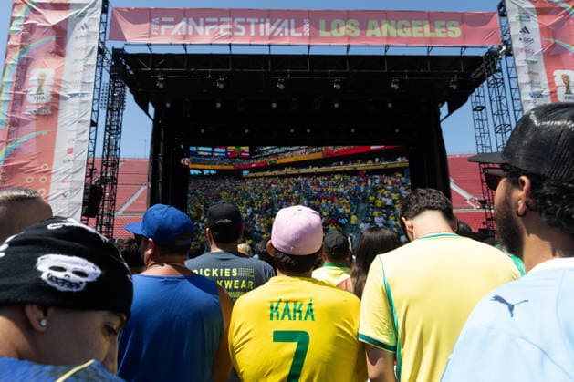 Fans watch Brazil v Morocco - FIFA World Cup, WM, Weltmeisterschaft, Fussball 2026 match in Los Angeles LOS ANGELES, CALIFORNIA - JUNE 13: Supporters watch a live broadcast of FIFA World Cup First Stage Group C opening match between Brazil and Morocco during the Fan Festival at the Los Angeles Memorial Coliseum in Los Angeles, California on June 13, 2026. Grace Hie Yoon Anadolu California United States. Editorial use only. Please get in touch for any other usage.  Copyright: x2026xAnadoluxGracexHiexYoonx