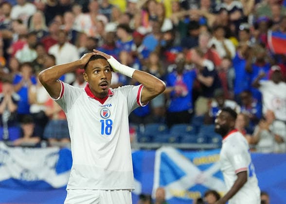 (260614) -- BOSTON, June 14, 2026 -- Wilson Isidor of Haiti reacts during the group C match between Haiti and Scotland at the 2026 FIFA World Cup, WM, Weltmeisterschaft, Fussball at Boston Stadium in Boston, the United States, June 13, 2026. ) (SP)U.S.-BOSTON-FOOTBALL-FIFA WORLD CUP-GROUP C-HTI VS SCO HuangxZongzhi 