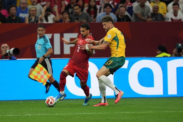 Australia v Turkiye - FIFA World Cup, WM, Weltmeisterschaft, Fussball 2026 - Group D VANCOUVER, CANADA - JUNE 13: Zeki Celik (2) of Turkiye in action during the 2026 FIFA World Cup First Stage Group D match between Australia and Turkiye at BC Place Stadium in Vancouver, Canada on June 13, 2026. Ercin Erturk Anadolu British Columbia Canada. Editorial use only. Please get in touch for any other usage.  Copyright: x2026xAnadoluxErcinxErturkx