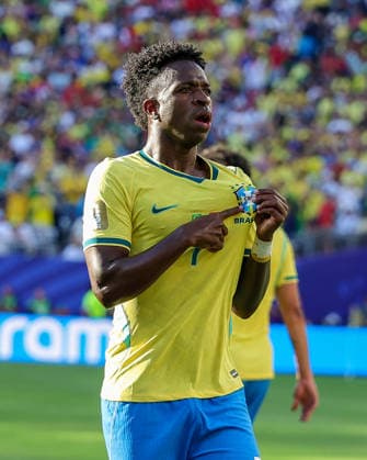 June 14, 2026, East Rutherford, New Jersey, USA: Brazil forward VINICIUS JUNIOR (7) celebrates his game tying goal during the 2026 FIFA World Cup, WM, Weltmeisterschaft, Fussball match between Brazil and Morocco at MetLife Stadium in East Rutherford, NJ East Rutherford USA - ZUMAr225 20260614_zsp_r225_001 Copyright: xScottxRausenbergerx