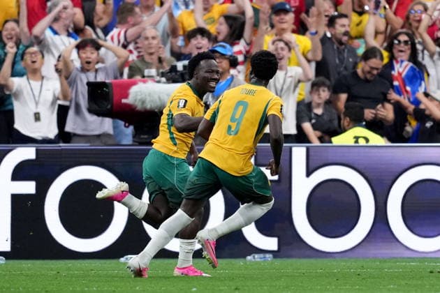 June 13, 2026, Vancouver, Bc, CANADA: Australia s Nestory Irankunda (17) celebrates his goal with teammate Mohamed Toure (9) during first half group D World Cup soccer action against Turkey, in Vancouver, Saturday, June 13, 2026. AUSTRALIA V. TURKEY  - ZUMAc35_ 20260613_zaf_c35_198 Copyright: xEthanxCairnsx