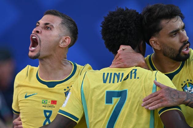 June 13, 2026, East Rutherford, New Jersey, USA: June 13, 2026, East Rutherford New Jersey USA: Brazil celebrates Brazil forward VINICIUS JUNIOR (7) celebrates goal during the World Cup Group C round 1 match at New York New Jersey Stadium Brazil draws with Morocco 1 to 1 East Rutherford USA - ZUMAa301 20260613_aaf_a301_030 Copyright: xBrooksxVonxArxx