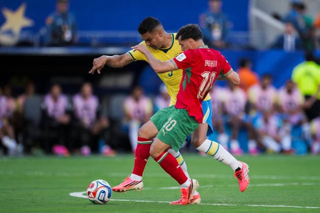 Brazil v Morocco - FIFA World Cup, WM, Weltmeisterschaft, Fussball 2026 Casemiro of Brazil competes for the ball with Brahim Diaz of Morocco during the FIFA World Cup 2026 Group C football match between Brazil and Morocco. East Rutherford United States Copyright: xNicolòxCampox