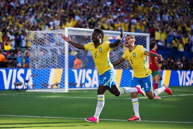 Brazil v Morocco - FIFA World Cup, WM, Weltmeisterschaft, Fussball 2026 Vinicius Junior of Brazil celebrates with Bruno Guimaraes of Brazil after scoring a goal during the FIFA World Cup 2026 Group C football match between Brazil and Morocco. East Rutherford United States Copyright: xNicolòxCampox