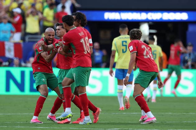 Moroccan players celebrate a goal during a Group C match at the 2026 FIFA World Cup, WM, Weltmeisterschaft, Fussball between Brazil and Morocco at MetLife Stadium in New Jersey, USA, 13 June 2026. FIFA World Cup 2026 - Group C Brazil vs Morocco !ACHTUNG: NUR REDAKTIONELLE NUTZUNG!  Copyright: xSebastiaoxMoreirax GR7028 0859060867st
