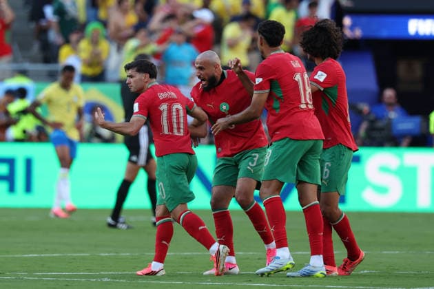 Moroccan players celebrate a goal during a Group C match at the 2026 FIFA World Cup, WM, Weltmeisterschaft, Fussball between Brazil and Morocco at MetLife Stadium in New Jersey, USA, 13 June 2026. FIFA World Cup 2026 - Group C - Brazil vs Morocco !ACHTUNG: NUR REDAKTIONELLE NUTZUNG!  Copyright: xSebastiaoxMoreirax GR7021 0859060868st