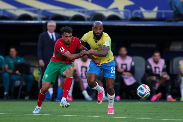 Brazil Face Morocco in FIFA World Cup, WM, Weltmeisterschaft, Fussball 2026 Group C Match EAST RUTHERFORD, NEW JERSEY, USA JUNE 13, 2026: Players of Brazil and Morocco battle for possession during the FIFA World Cup 2026 Group C match at MetLife Stadium in East Rutherford, New Jersey, USA. Photo by Ayman Aref JNA Press (Photo by Ayman Aref Mohamed Saad El Din JNA Press via Nexpher Images) NEW JERSEY