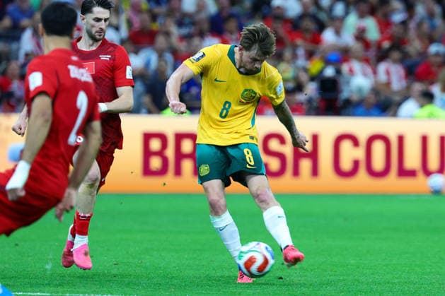 Connor Metcalfe of Australia shoots and scores a goal during the FIFA World Cup, WM, Weltmeisterschaft, Fussball 2026 match between Australia and Turkey at BC Place, Vancouver, Canada on 13 June 2026. Copyright: xPeterxDovganx 45060055
