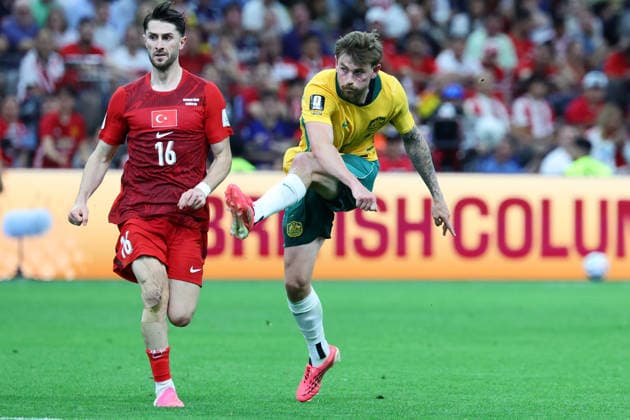 Connor Metcalfe of Australia shoots and scores a goal during the FIFA World Cup, WM, Weltmeisterschaft, Fussball 2026 match between Australia and Turkey at BC Place, Vancouver, Canada on 13 June 2026. Copyright: xPeterxDovganx 45060056