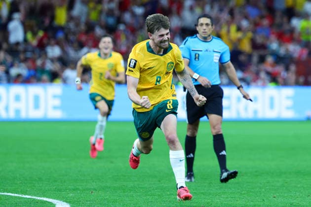 Connor Metcalfe of Australia scores a goal and celebrates during the FIFA World Cup, WM, Weltmeisterschaft, Fussball 2026 match between Australia and Turkey at BC Place, Vancouver, Canada on 13 June 2026. Copyright: xPeterxDovganx 45060060