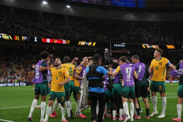 Australia v Turkiye - FIFA World Cup, WM, Weltmeisterschaft, Fussball 2026 - Group D VANCOUVER, CANADA - JUNE 13: Players of Australia celebrate after scoring a goal during the 2026 FIFA World Cup First Stage Group D match between Australia and Turkiye at BC Place Stadium in Vancouver, Canada on June 13, 2026. Ercin Erturk Anadolu British Columbia Canada. Editorial use only. Please get in touch for any other usage.  Copyright: x2026xAnadoluxErcinxErturkx