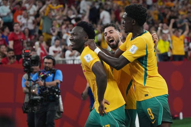 June 13, 2026, Vancouver, Bc, CANADA: Australia s Nestory Irankunda (17), Australia s Mohamed Toure (9) and Australia s Jacob Italiano (4) celebrate a goal against Turkey during the first half of a World Cup Group D soccer match, in Vancouver, on Saturday, June 13, 2026. Canada News - June 13, 2026  - ZUMAc35_ 20260613_zaf_c35_220 Copyright: xDarrylxDyckx