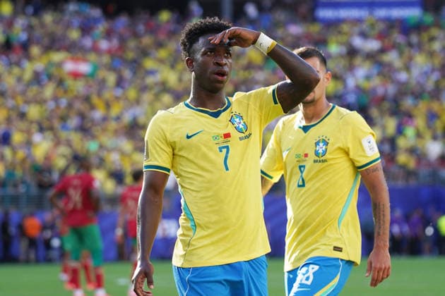 Fussball , Weltmeisterschaft 2026, FIFA WM 2026, Fussball World Cup , Canada ,Mexico, USA-2026, , Brasislien vs Marokko, Brazil vs Marocco., Gruppenphase, Gruppen C, 13.06.2026, Metlife Stadium New Jersey New York Vinicius Junior Brasilien, Aktion, Einzelbild Foto Chai von der Laage FIFA regulations prohibit any use of photographs as image sequences and or quasi-video. EDITORIAL USE ONLY,