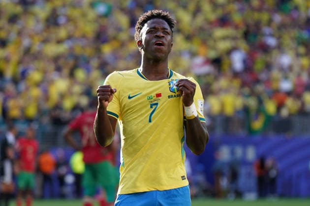 Fussball , Weltmeisterschaft 2026, FIFA WM 2026, Fussball World Cup , Canada ,Mexico, USA-2026, , Braisilien vs Marokko, Brasil vs Marocco., Gruppenphase, Gruppen C, 13.06.2026, Metlife Stadium New Jersey New York Vinicius Junior Brasilien, jubelt Aktion, Einzelbild Foto Chai von der Laage FIFA regulations prohibit any use of photographs as image sequences and or quasi-video. EDITORIAL USE ONLY,