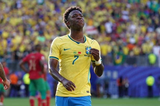 Fussball , Weltmeisterschaft 2026, FIFA WM 2026, Fussball World Cup , Canada ,Mexico, USA-2026, , Brasilien vs Marokko, Brazil vs Marocco., Gruppenphase, Gruppen C, 13.06.2026, Metlife Stadium New Jersey New York Vinicius Junior Brasilien, Aktion, Einzelbild Foto Chai von der Laage FIFA regulations prohibit any use of photographs as image sequences and or quasi-video. EDITORIAL USE ONLY,