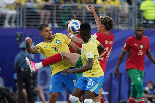 Fussball , Weltmeisterschaft 2026, FIFA WM 2026, Fussball World Cup , Canada USA, Mexico-2026, , Braisilien vs Marokko, Brasil vs Marocco., Gruppenphase, Gruppen C, 13.06.2026, Metlife Stadium New Jersey New York Bruno Guimaraes, Brasilien, Bilal El Khannouss, Marokko, Foto Chai von der Laage FIFA regulations prohibit any use of photographs as image sequences and or quasi-video. EDITORIAL USE ONLY,