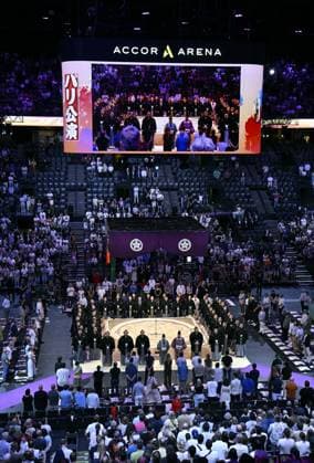 Sumo: Paris tournament Sumo wrestlers attend the opening ceremony of a two-day tournament at Accor Arena in Paris on June 13, 2026.  A14AA0005618588P