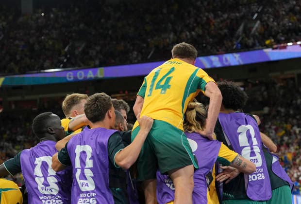 (260614) -- VANCOUVER, June 14, 2026 -- Players of Australia celebrates a score during the group D match between Australia and T¨¹rkiye at the 2026 FIFA World Cup, WM, Weltmeisterschaft, Fussball at BC Place Vancouver in Vancouver, Canada, June 13, 2026. ) (SP)CANADA-VANCOUVER-FOOTBALL-FIFA WORLD CUP-GROUP D-AUS VS TUR MengxYongmin 