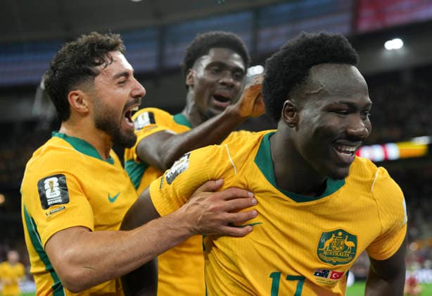 (260614) -- VANCOUVER, June 14, 2026 -- Nestory Irankunda (R) of Australia celebrates his score during the group D match between Australia and T¨¹rkiye at the 2026 FIFA World Cup, WM, Weltmeisterschaft, Fussball at BC Place Vancouver in Vancouver, Canada, June 13, 2026. ) (SP)CANADA-VANCOUVER-FOOTBALL-FIFA WORLD CUP-GROUP D-AUS VS TUR MengxYongmin 